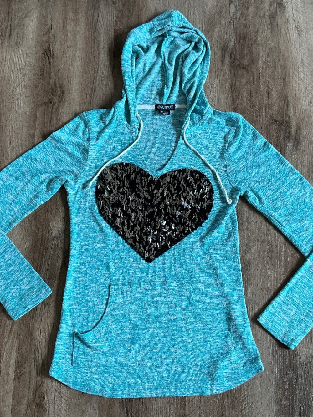 Miss Chievous Hoodie Size M Turquoise Blue  Long Sleeve V Neck Sequined Heart